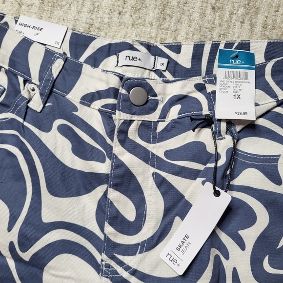Retro Funky Blue and White Swirl High Rise Skate Jeans Size 1X - Picture 2 of 7